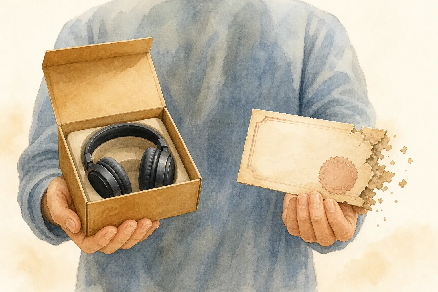 얼굴을 보이지 않은 사람이 실제 물건 상자와 가장자리가 삭아 가는 날짜 표를 양손에 나눠 든 장면