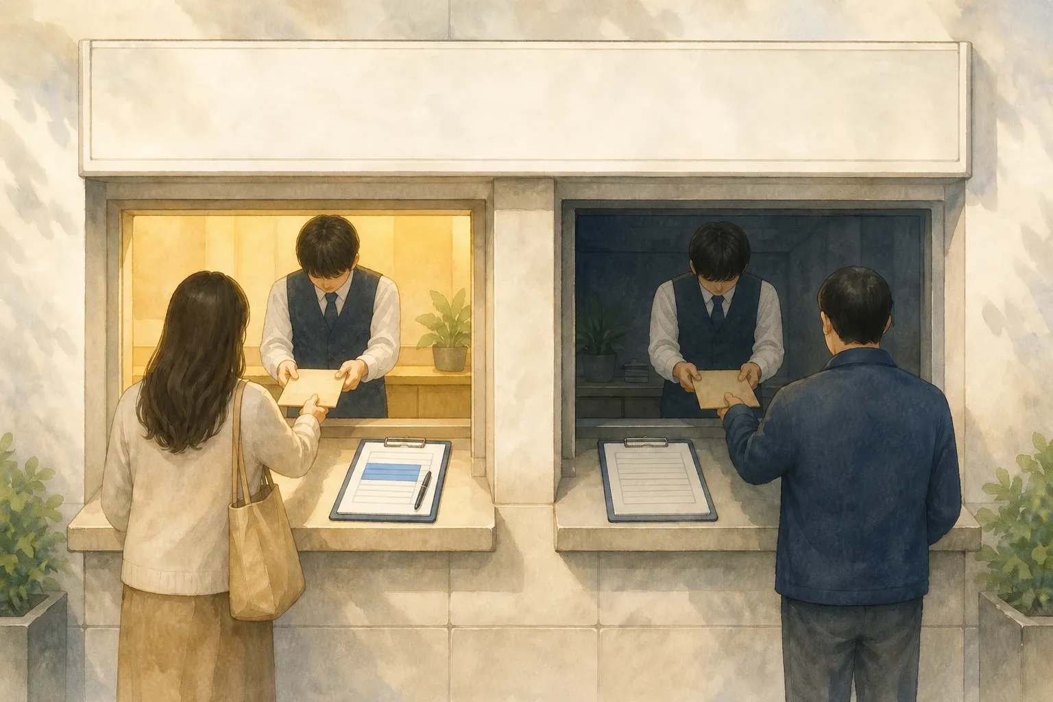 같은 회사 건물의 두 창구 중 밝은 창구 거래만 서류에 기록되고 어두운 창구 거래는 빈칸으로 남는 장면