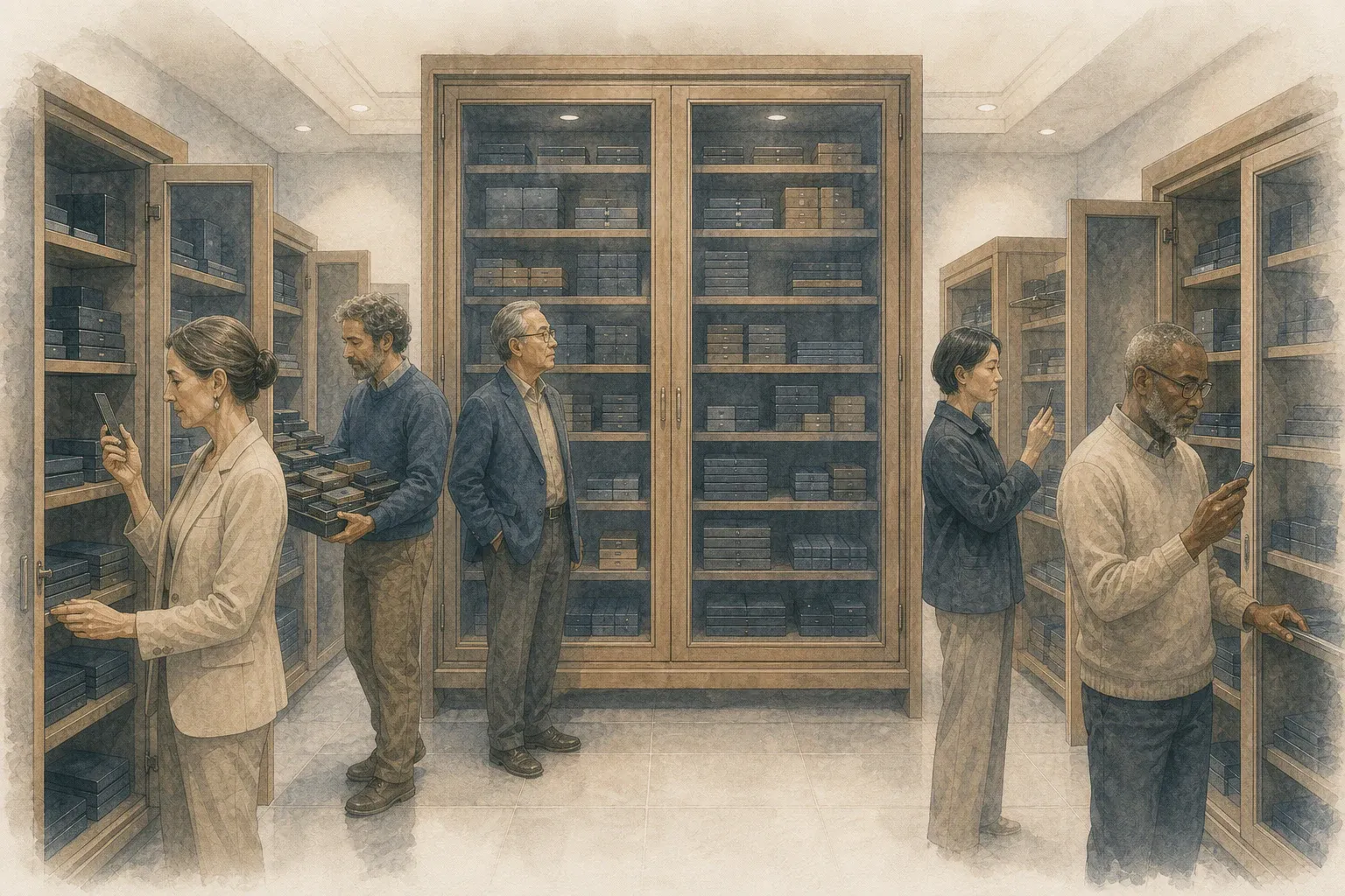 가장 큰 보관함은 그대로 둔 채 네 투자자 중 한 명만 큰 묶음을 덜고 세 명은 작은 조각만 꺼내는 모습