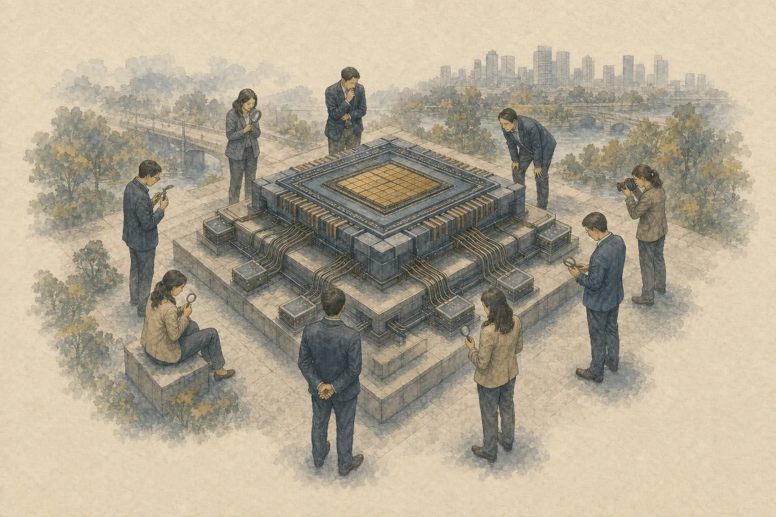서로 다른 도구와 옷차림의 익명 관찰자들이 하나의 맞춤형 반도체와 네트워크 허브를 함께 살피는 장면