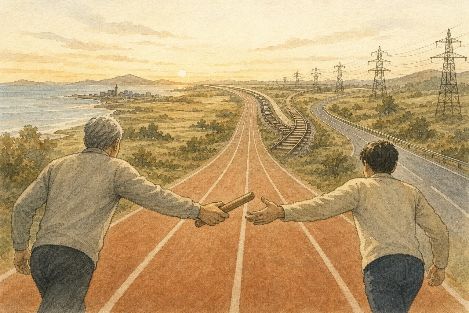 긴 트랙 위에서 배턴이 한 주자에게서 다음 주자에게로 건네지는 순간과, 뒤로 이어지는 여러 갈래의 길