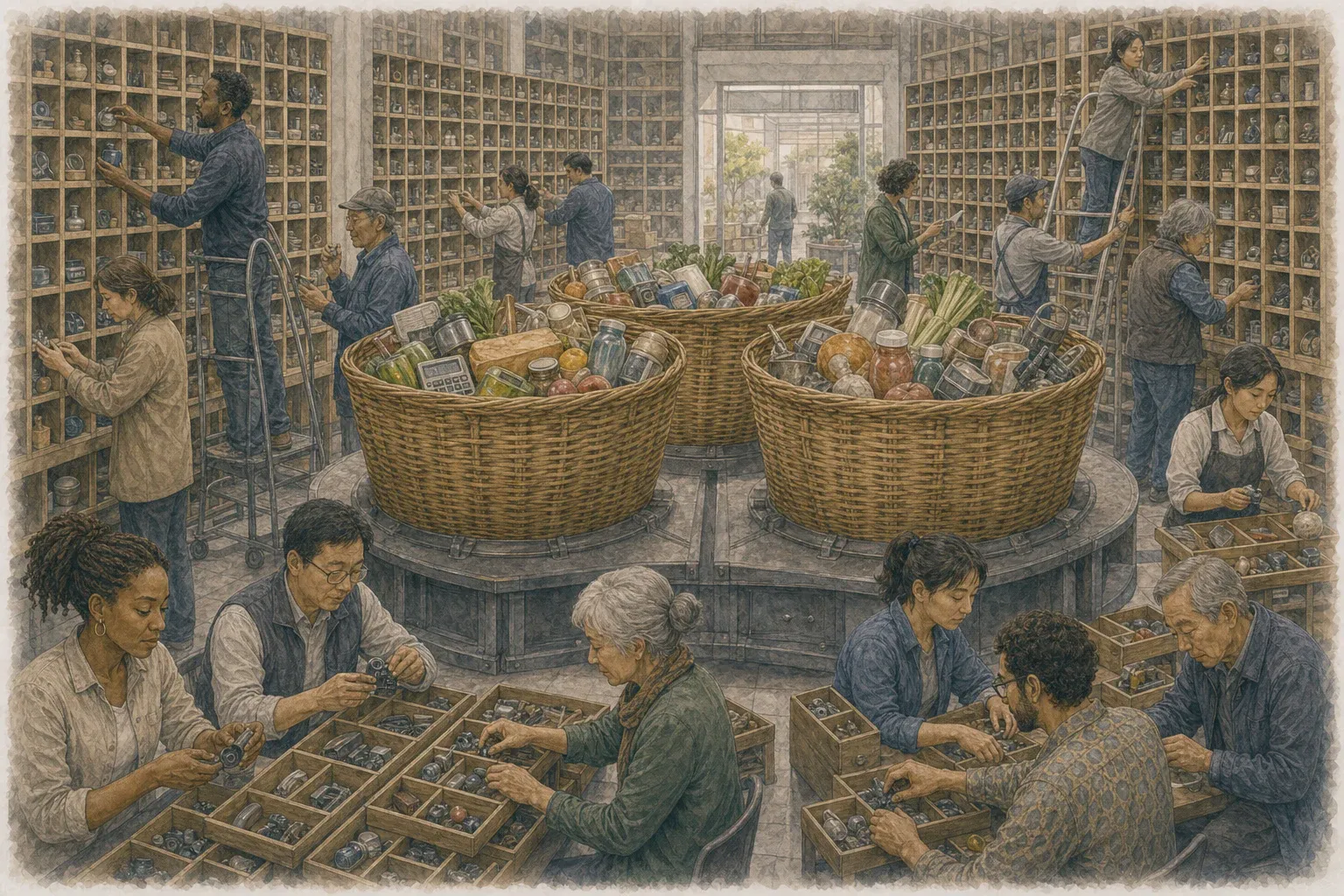 수많은 작은 보유 칸을 계속 교체하는 작업자들 뒤로 세 개의 큰 시장 바구니가 중심을 지키는 포트폴리오 조정실