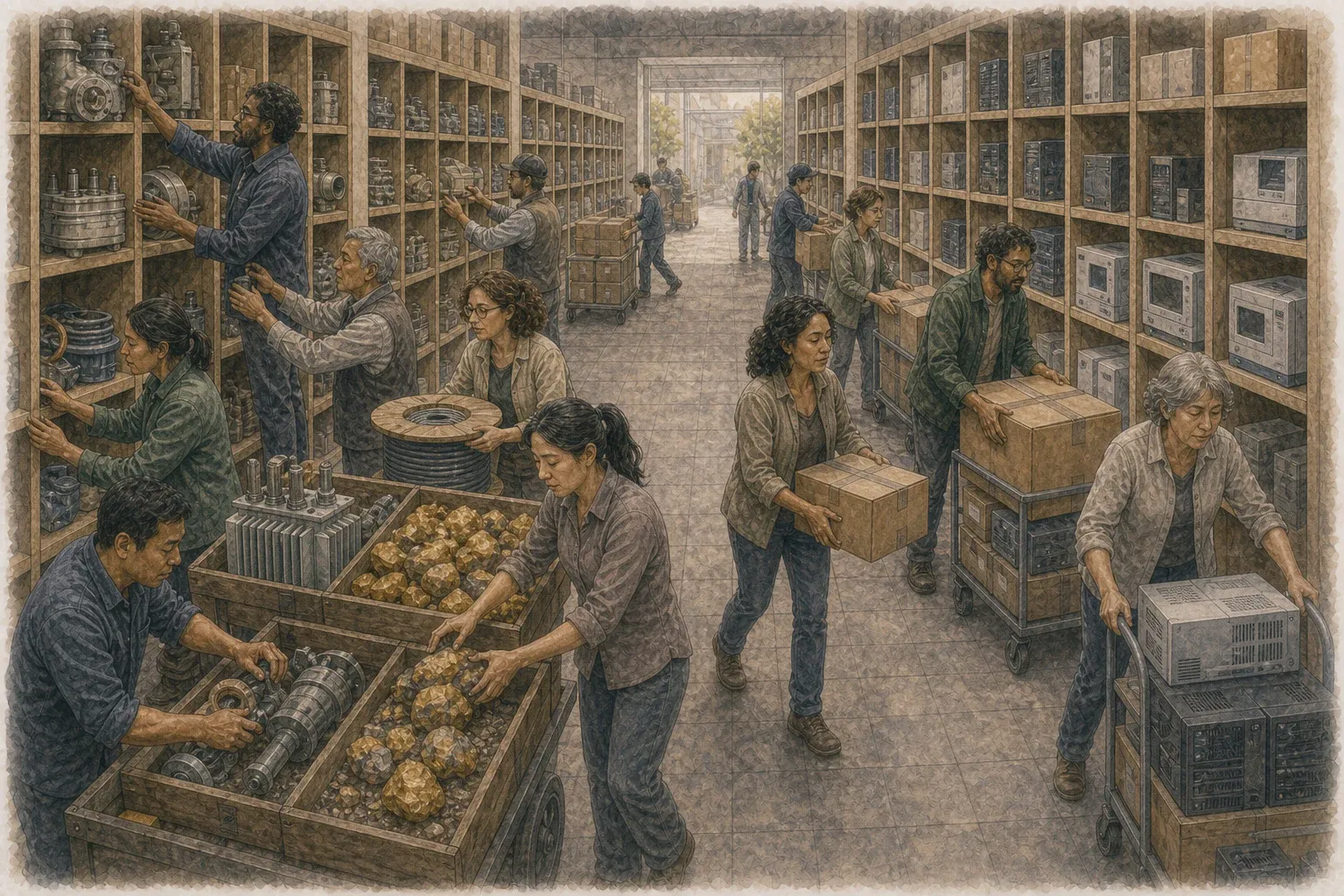 포트폴리오 창고에서 에너지 설비와 금 원석을 들여놓고 전자상거래와 반도체 장비 상자를 내보내는 작업자들