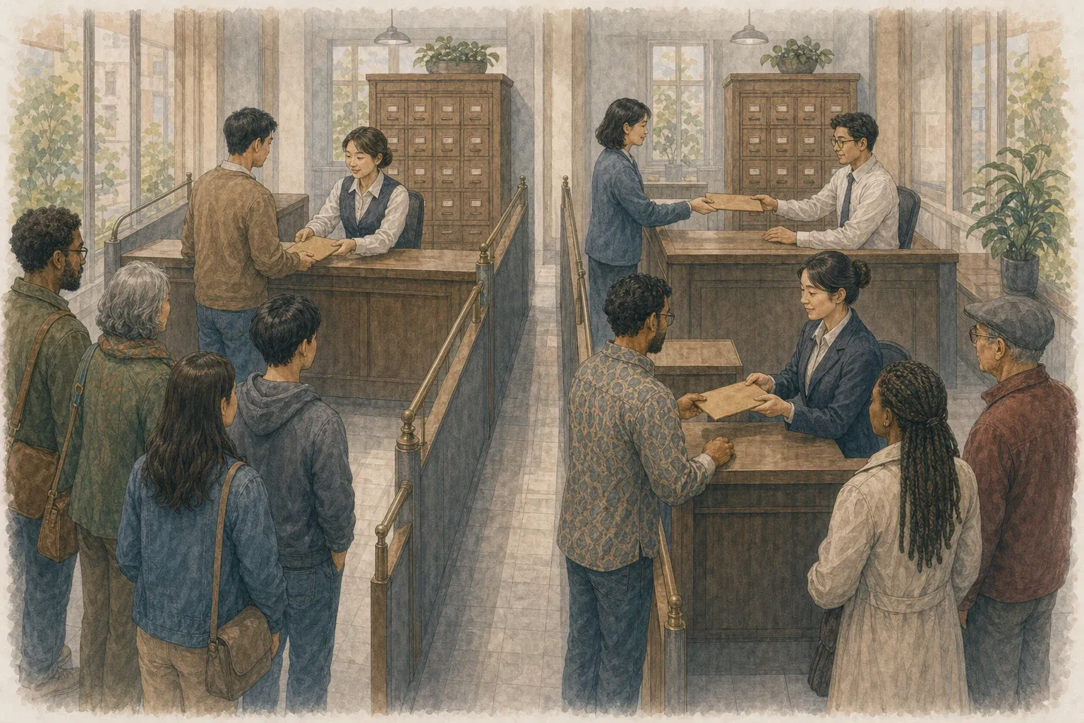 주식 매수 서류가 한 번의 결제 창구를 거치는 미국 시장과 두 번의 창구를 거치는 한국 시장을 나란히 본 장면