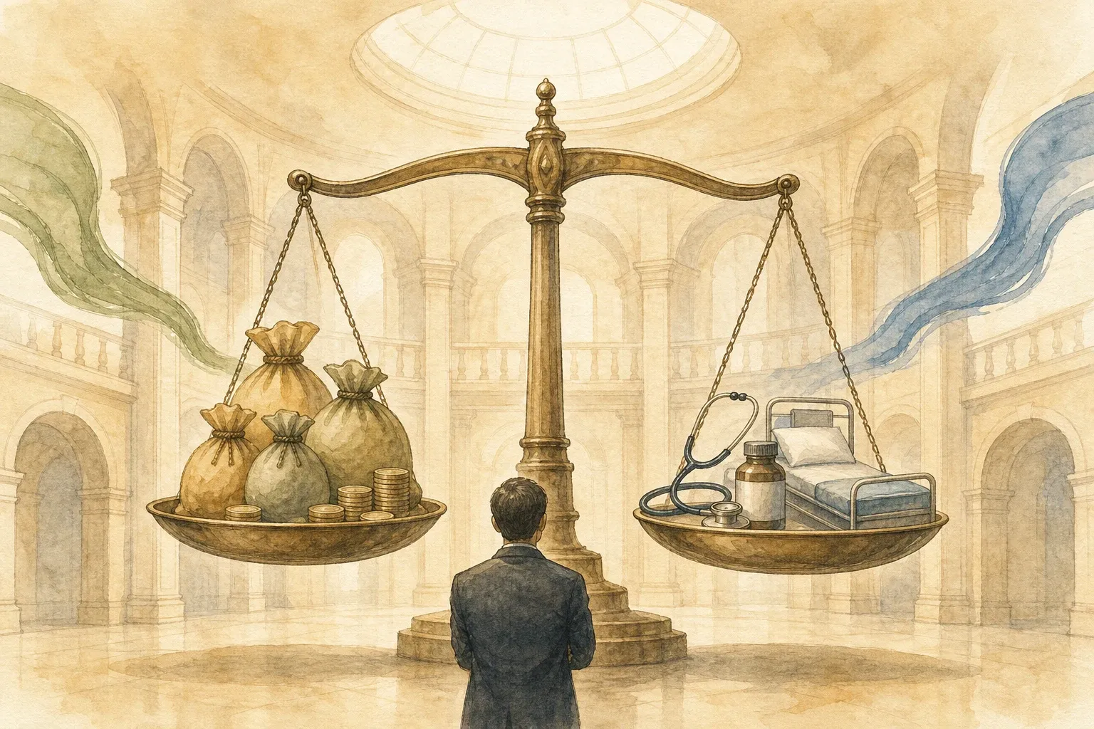 한쪽에 보험료 동전 더미가, 반대쪽에 의료 도구가 놓인 커다란 저울과 그 앞에서 균형을 살피는 사람