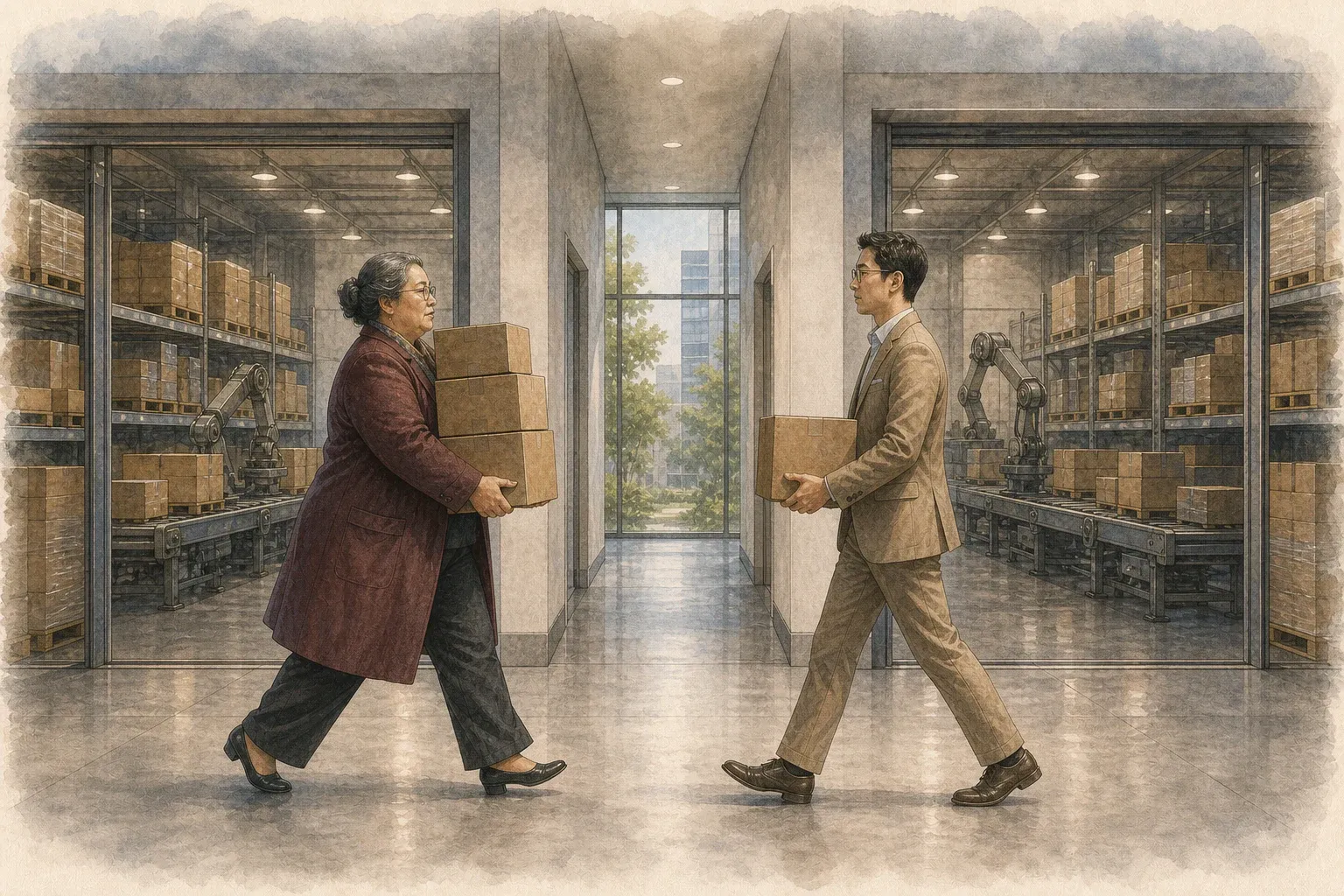 같은 기술 사업장의 두 보관실 사이에서 반대 방향으로 짐을 옮기는 두 투자 거장