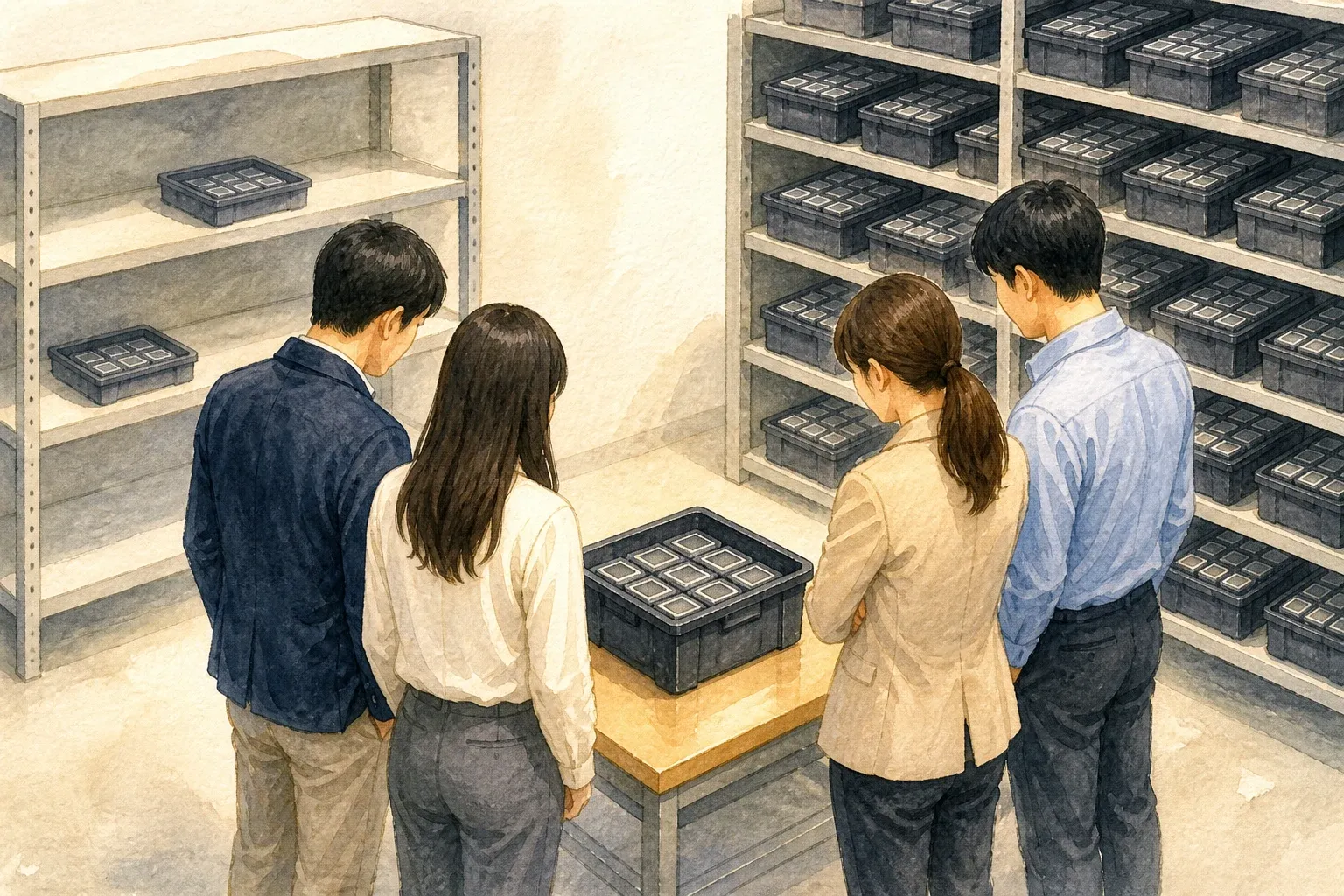 같은 상자 하나를 중심으로 네 사람이 둘러서 있고 왼쪽 두 사람 뒤 선반은 거의 비었으며 오른쪽 두 사람 뒤 선반은 가득 찬 장면