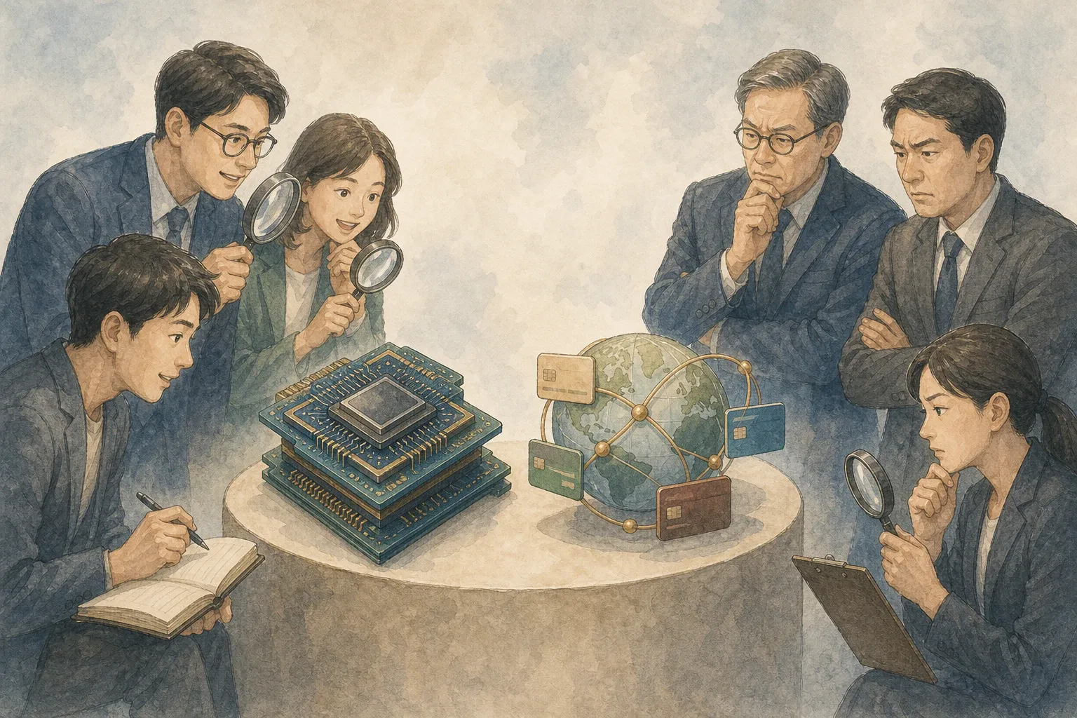 같은 기술·결제 자산을 두고 서로 반대 관점에서 살피는 투자자들의 대비 장면
