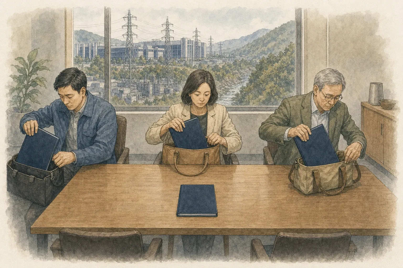 같은 포트폴리오 폴더를 세 투자자가 동시에 가방에 넣는 수채화 장면