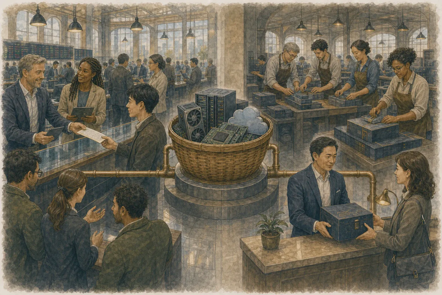 같은 기술주 자산을 두고 한 운용사는 거래소에서 옵션 계약을 직접 팔고 다른 운용사는 은행이 만든 증권을 사는 장면