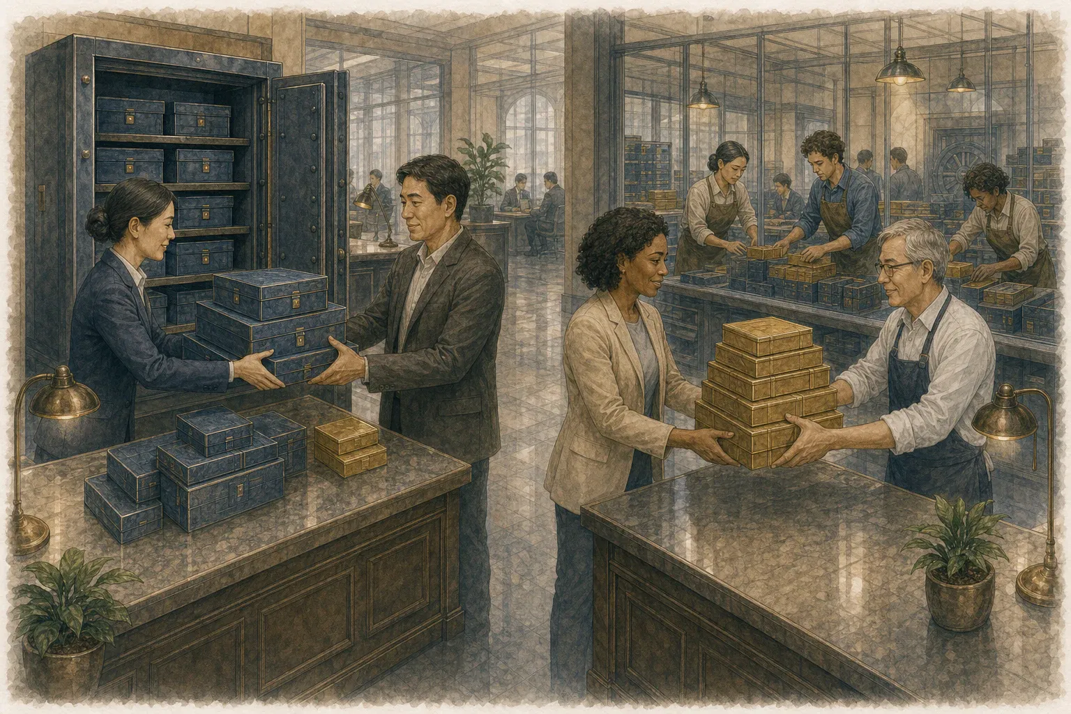 한 투자자에게는 원래 투자금 상자 일부가 돌아오고 다른 투자자에게는 은행 증권에서 생긴 소득 상자가 전달되는 장면