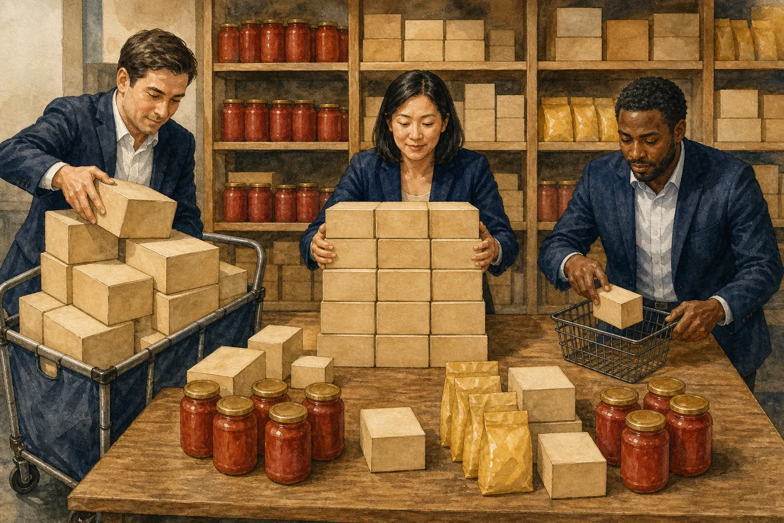 같은 식품 상자 앞에서 한 사람은 쌓고 한 사람은 그대로 두고 한 사람은 조금 보태는 장면