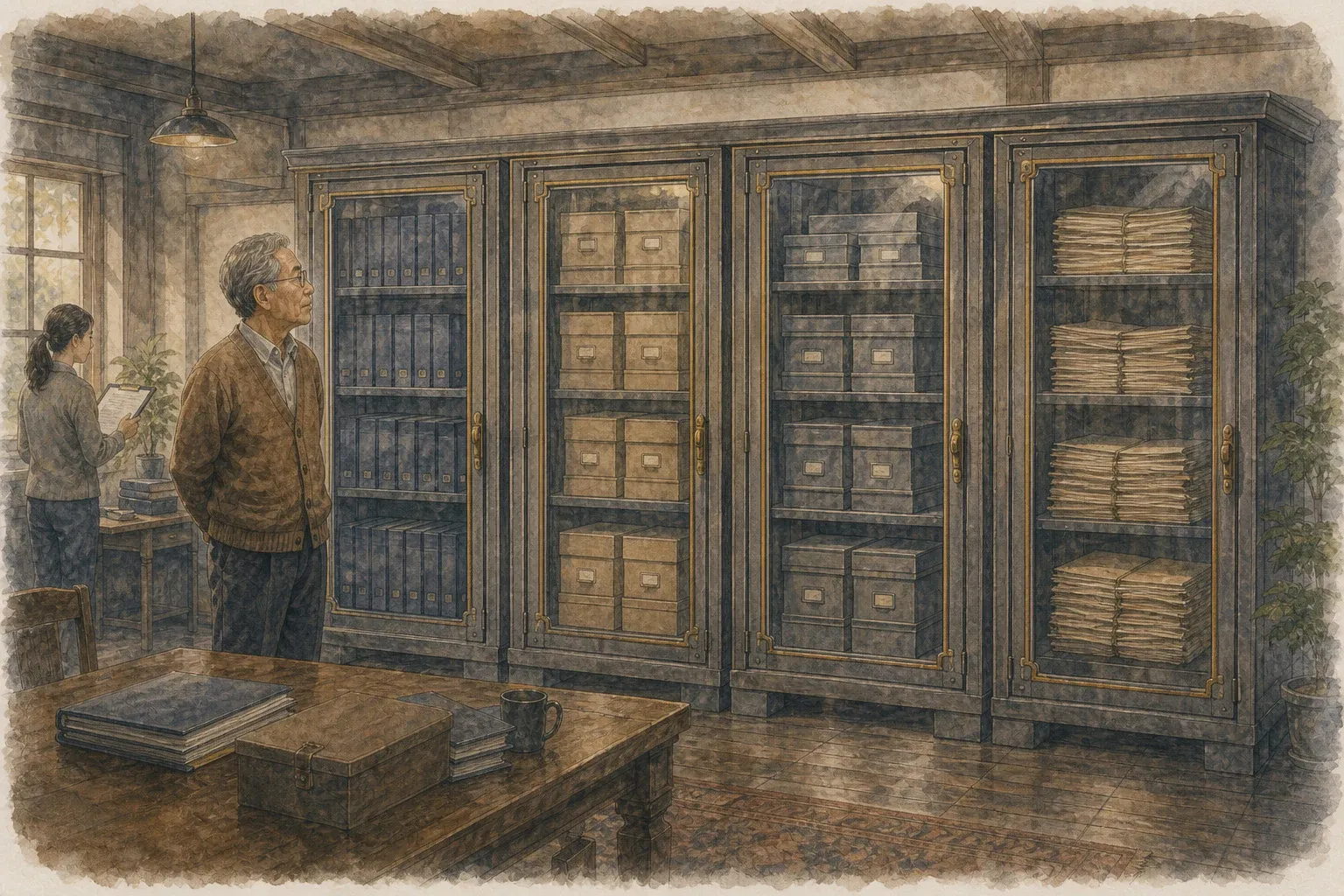 네 개의 보유 진열함이 봉인된 조용한 기록실에서 관리인이 손대지 않고 지켜보는 장면