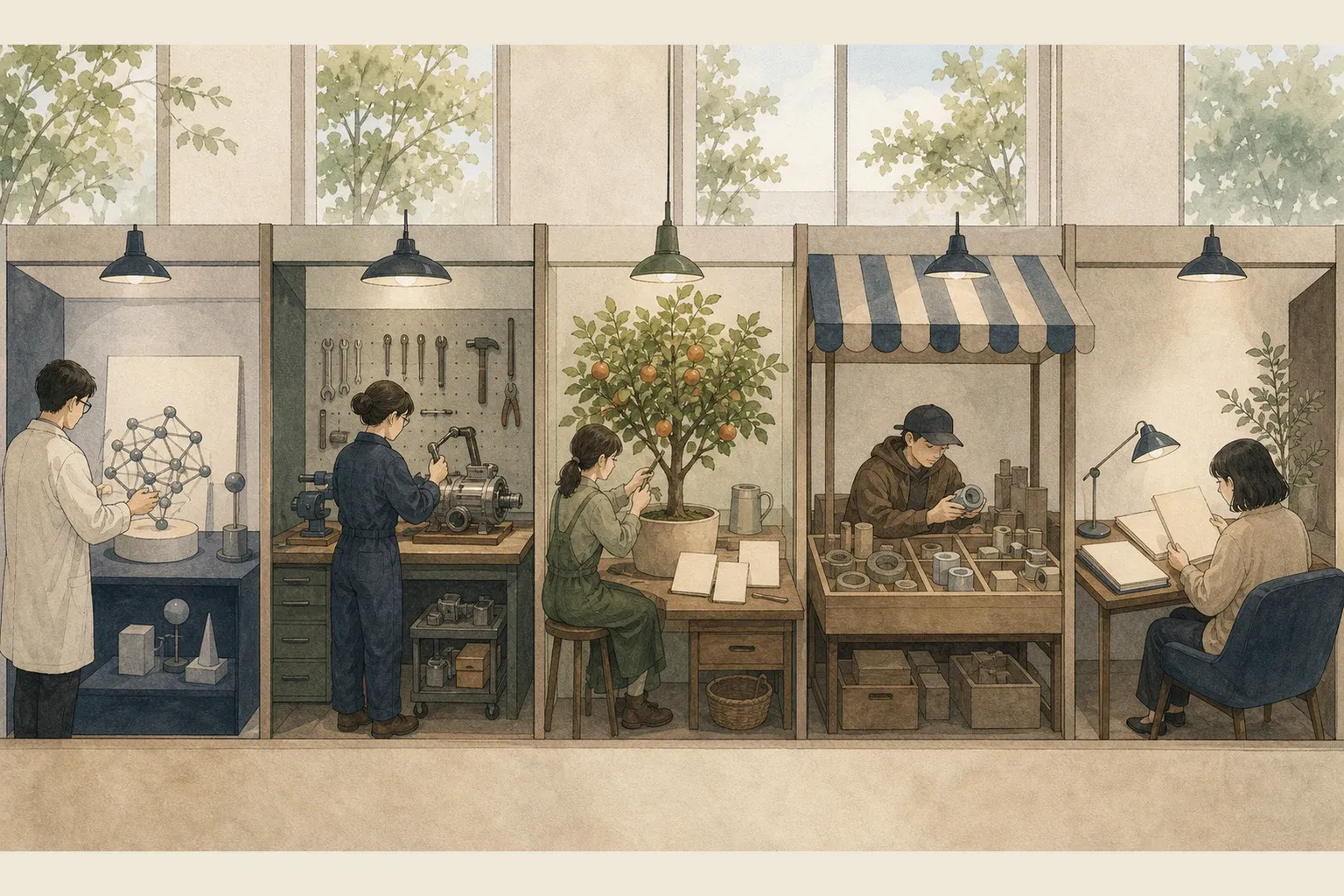 서로 다른 다섯 투자 철학을 각기 다른 작업대로 보여주는 비교 삽화