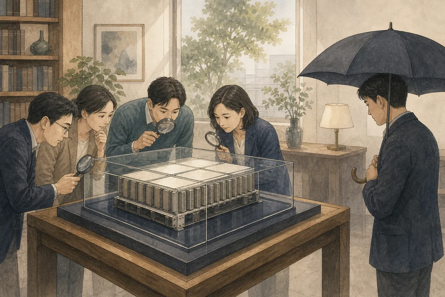 같은 인공지능 칩을 낙관적 관찰과 방어적 관찰로 다르게 바라보는 대비 장면