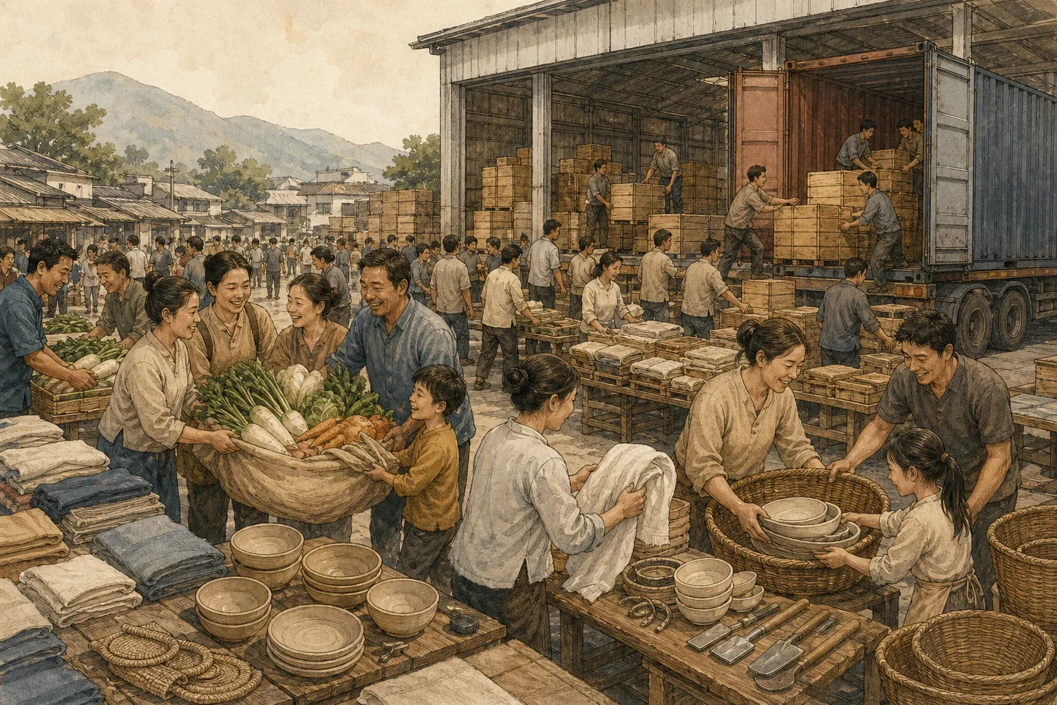 여러 소비자가 함께 농산물과 생활용품을 고르고 뒤편 해외 배송 창고로 공장 상품이 이동하는 시장