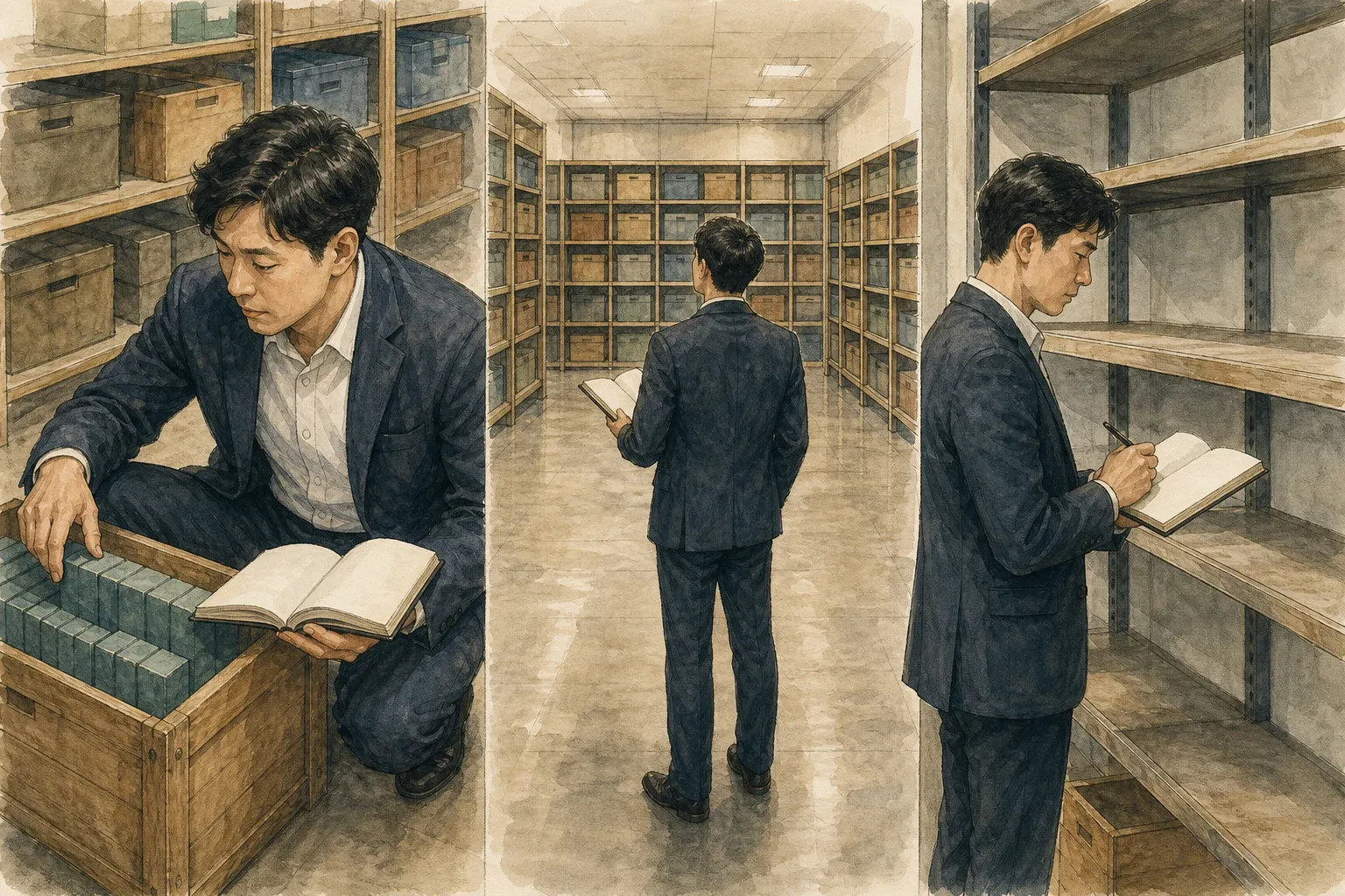 분석가가 보유 상자 수량과 전체 보관실 크기와 비어 있는 신규 선반을 차례로 확인하는 모습