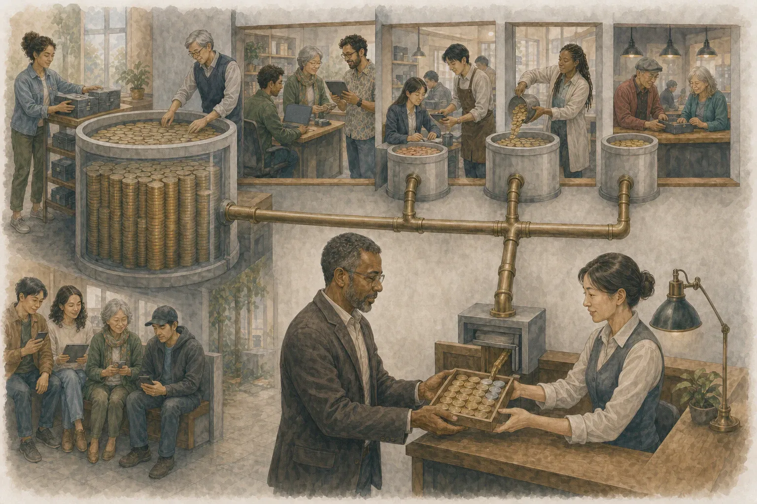 매달 분배금이 도착하는 통장 뒤편에서 서로 다른 저장고의 관이 하나의 지급함으로 합쳐지는 단면 작업실