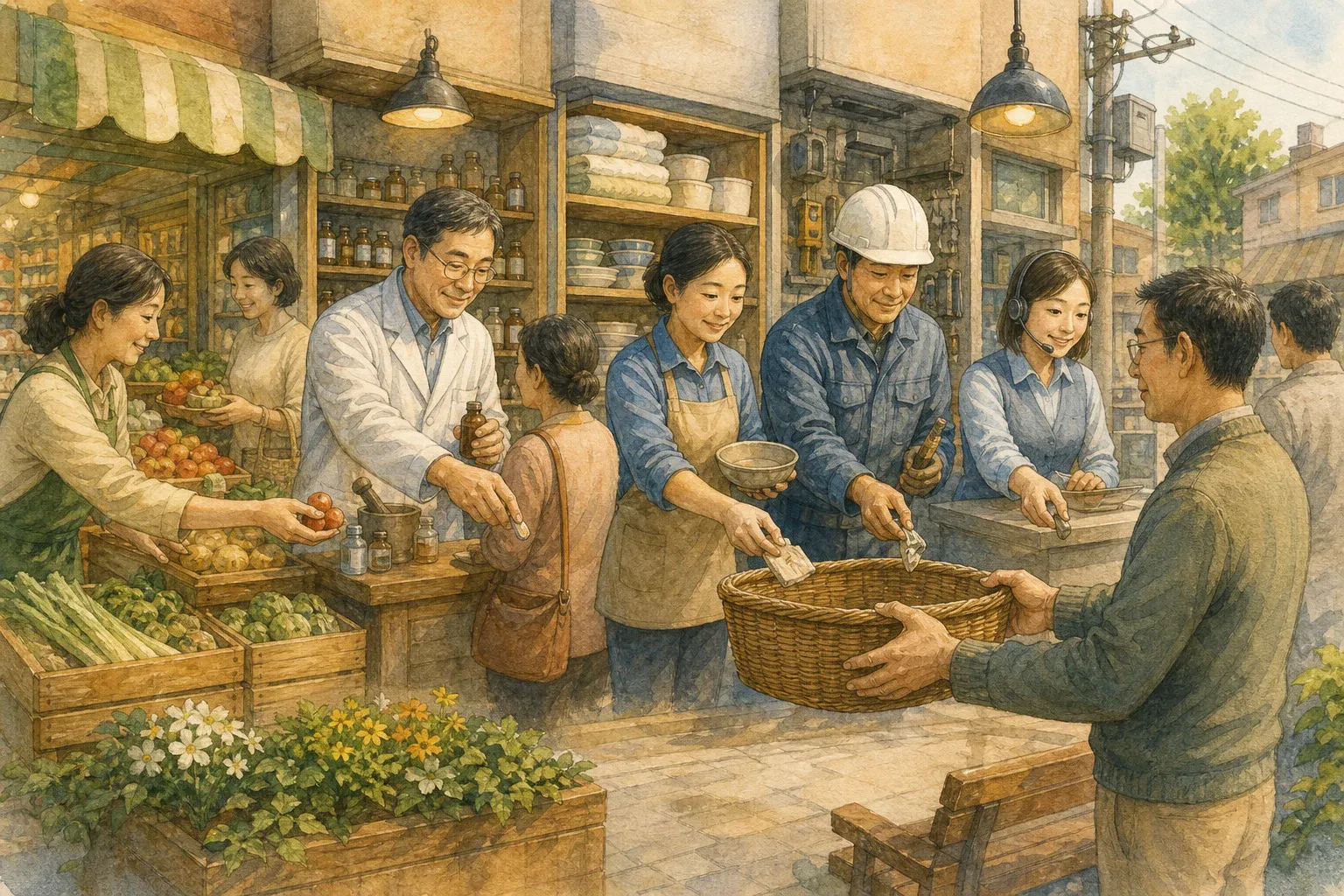 서로 다른 업종의 가게와 공장에서 일한 사람들이 각자 번 수익의 일부를 공동 바구니에 모아 투자자에게 전달하는 장면