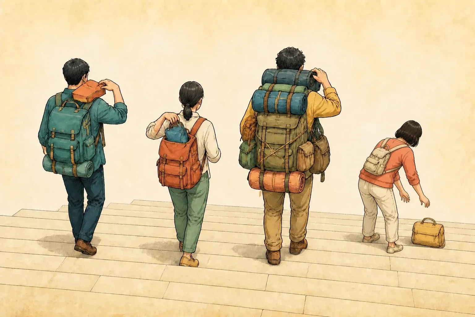 아래로 내려가는 계단 위에서 네 사람 중 셋이 짐을 더 싣고 한 사람만 조금 덜어내는 장면