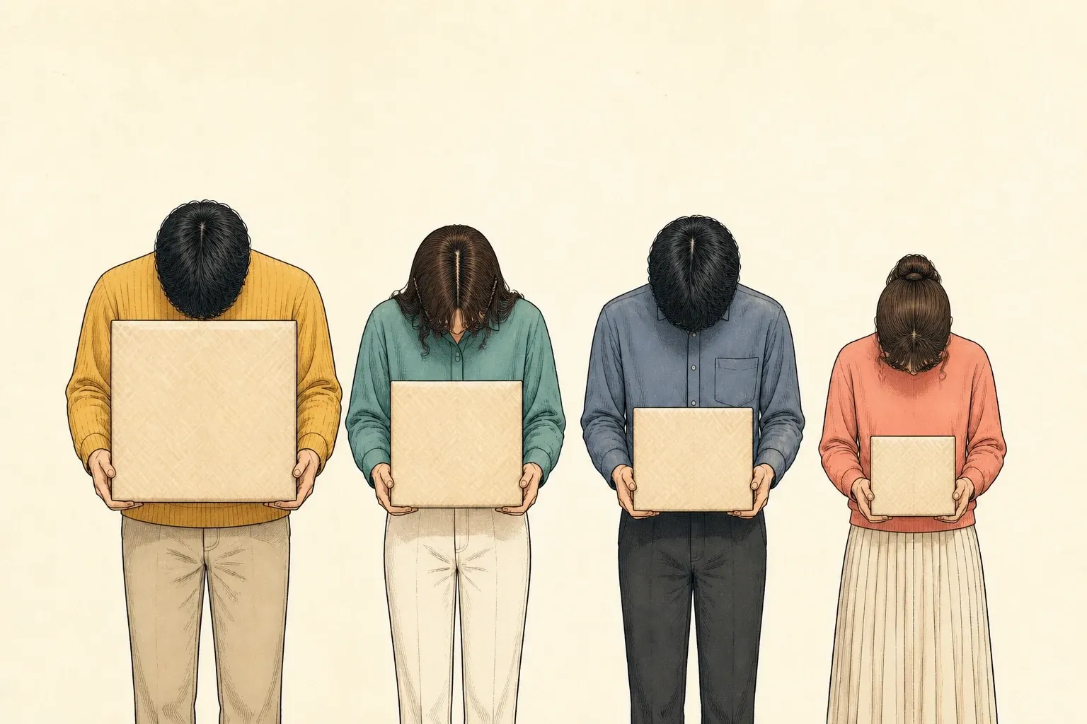 같은 모양의 상자를 네 사람이 저마다 다른 크기로 들고 서 있는 장면