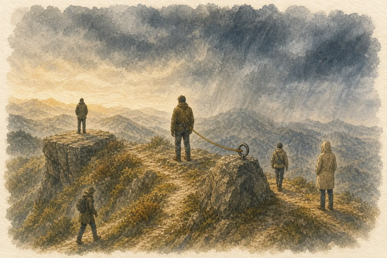 비바람이 다가오는 산등성이에서 다섯 사람 중 한 사람만 안전줄을 바위에 연결하고 나머지는 서로 다른 자세로 버티는 장면