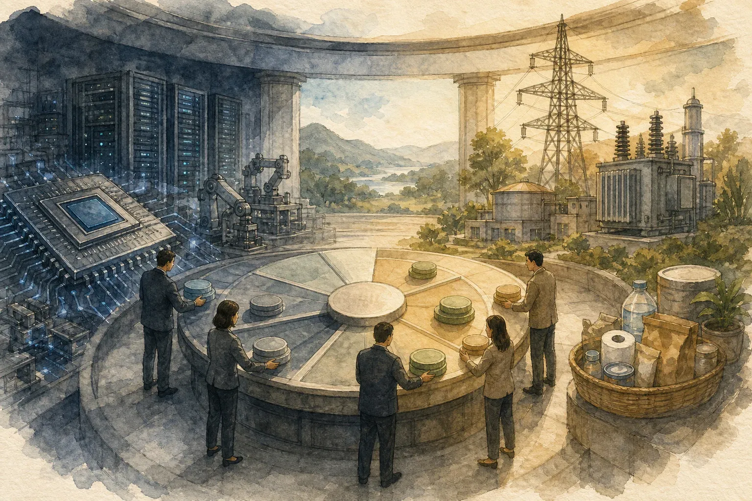 AI·반도체에서 전력·필수소비재 쪽으로 투자 자금의 시선이 이동하는 시장 로테이션 편집 삽화