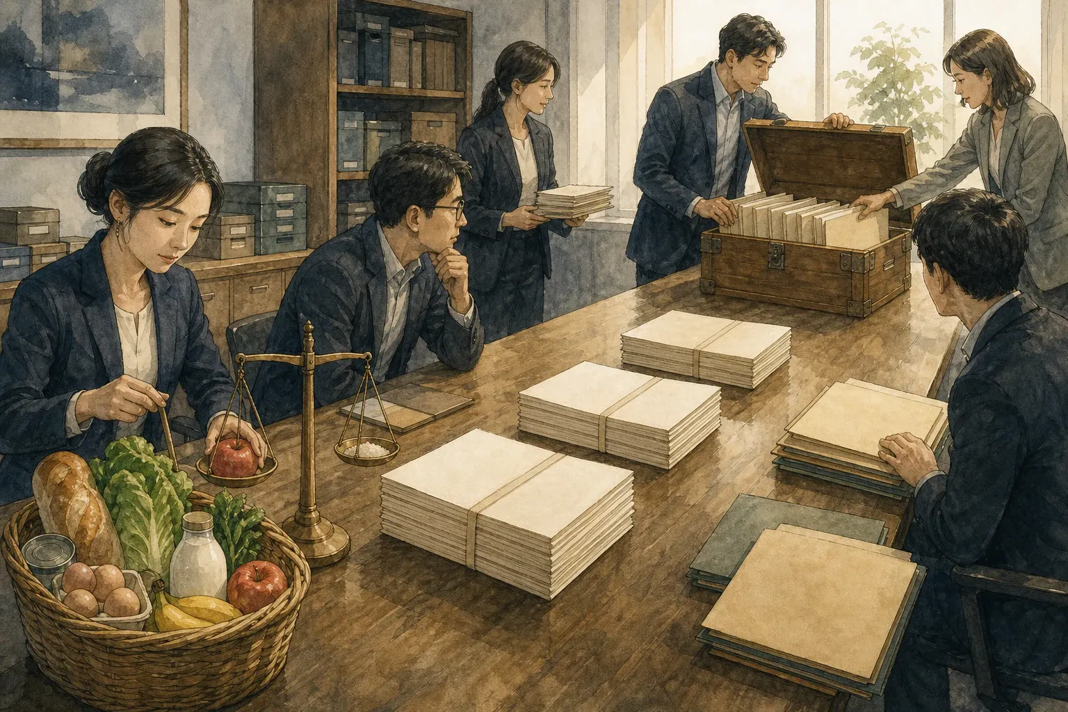 물가 장바구니와 국채 서류와 새 포트폴리오 서류가 한 작업대에 모인 장면